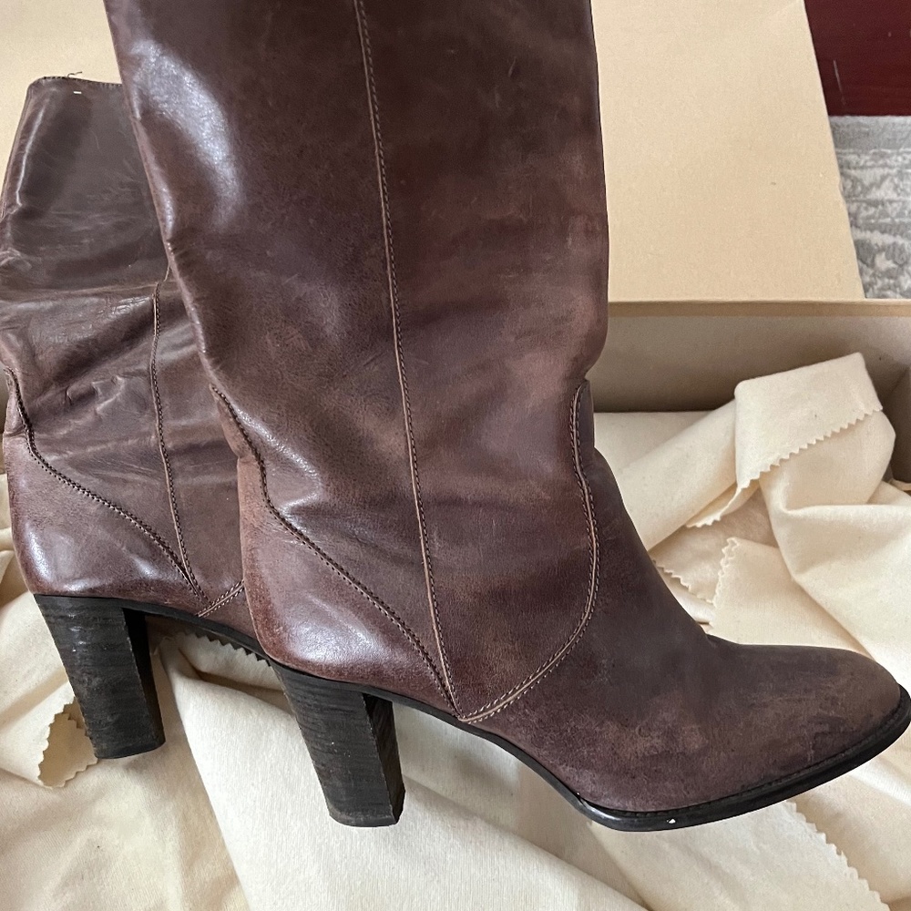 J.Crew Long Glenbrae Leather High Heel Boots, sz 9, dark maple